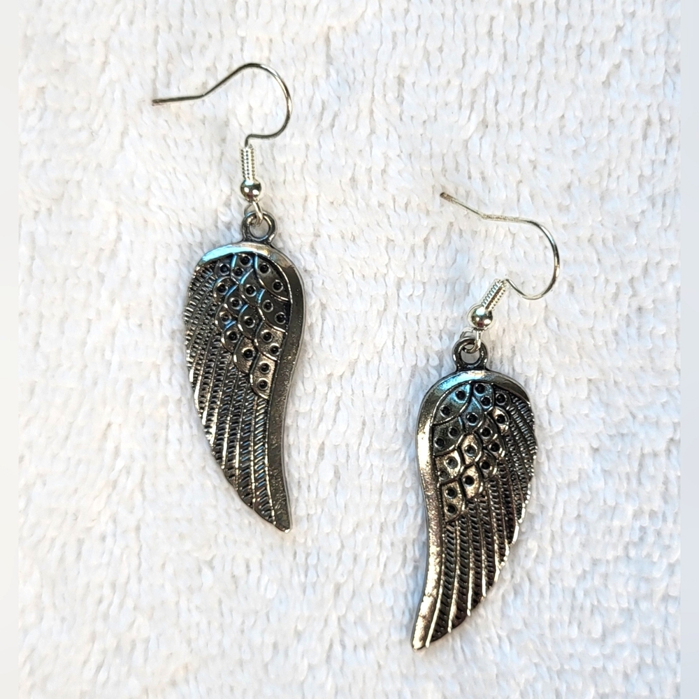 Silver Angel Wing Statement Dangle Earrings / Pierced - Picture 4 of 5